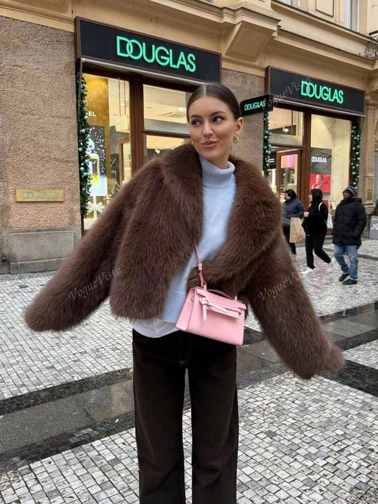 Retro High-End Faux Fur Short Jacket, Solid Brown Color, European And American Style 2025 Autumn/Winter New Arrival | SHEIN