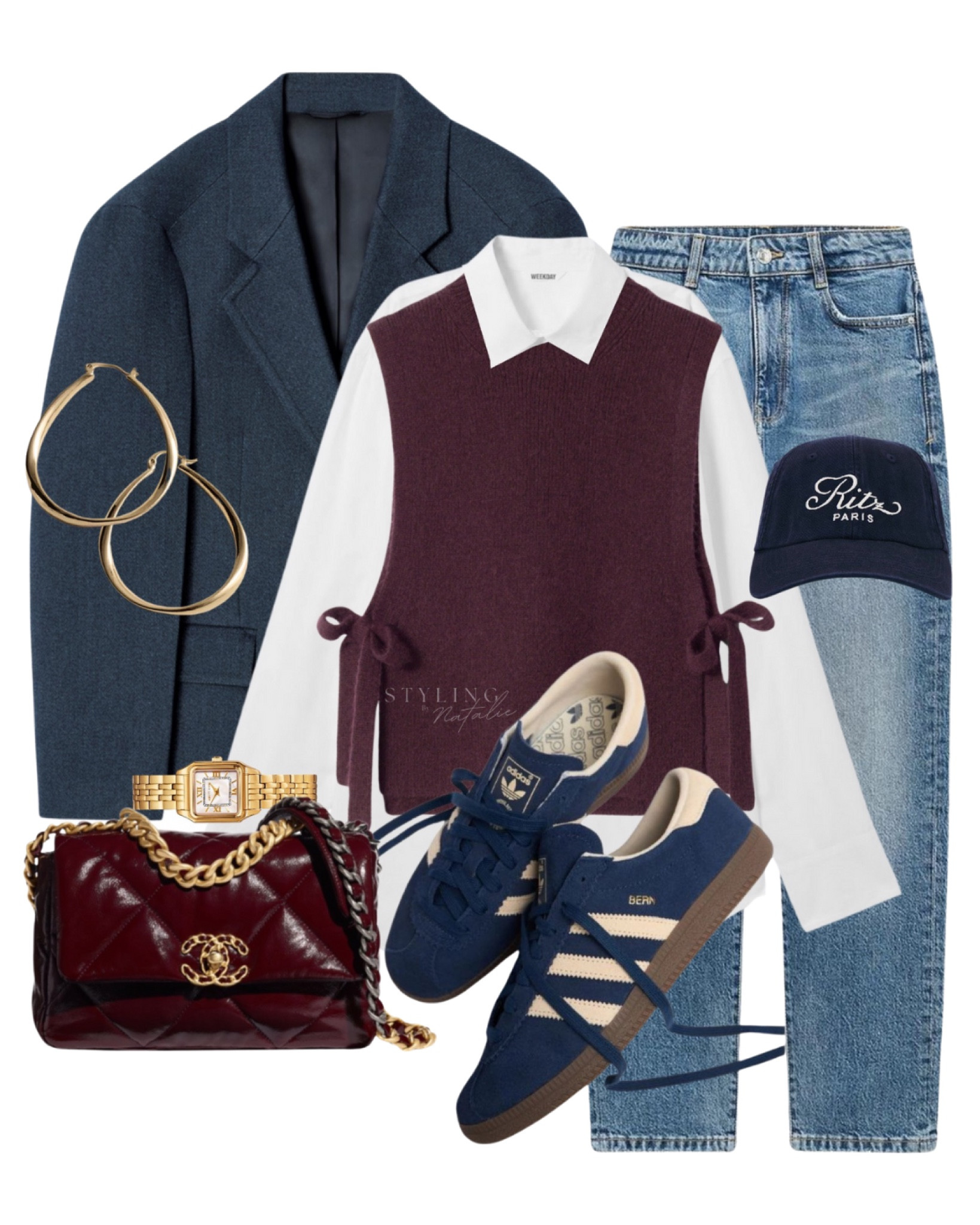 Navy & Burgundy everyday casual look
Oversized baby blazer, straight leg jeans, Adidas Bern trainers, white Oxford shirt, burgundy wool bib, Ritz Paris baseball cap, gold jewellery and burgundy handbag. Casual chic, trainers, preppy, college outfit, layering layers, spring, transitional outfit.

#LTKwinter #LTKeurope #LTKuk