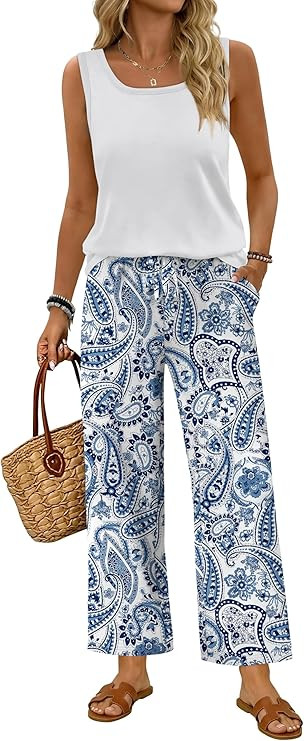 WIHOLL Two Piece Sets for Women Summer Spring Outfits Tank Square Neck Sleeveless Travel Vacation... | Amazon (US)