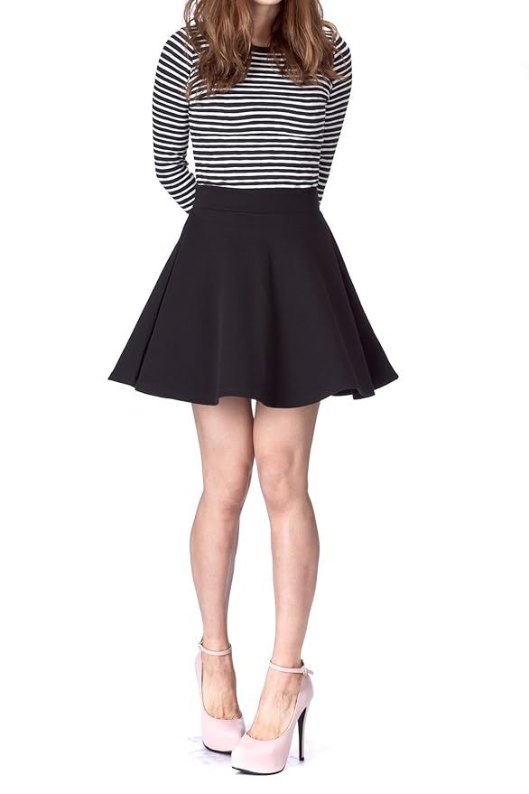 Basic Solid Stretchy Cotton High Waist A-line Flared Skater Mini Skirt | Amazon (US)