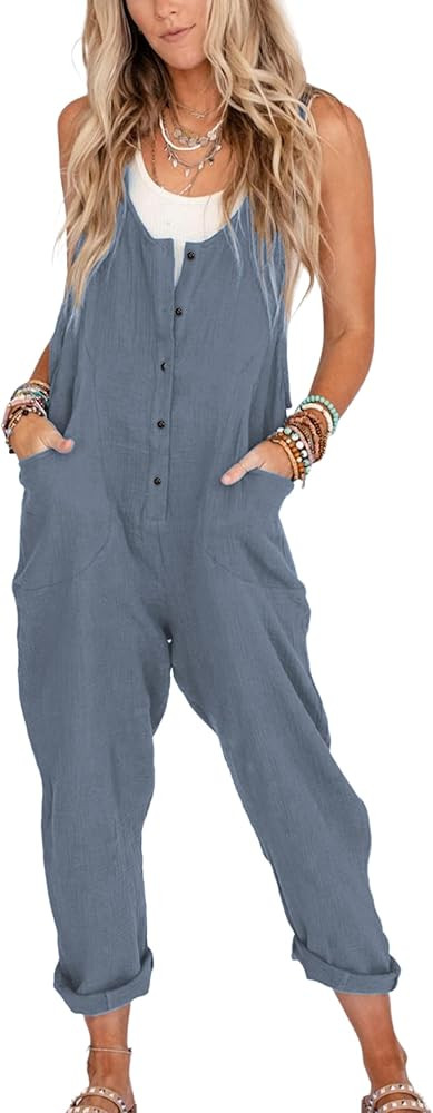 Yeokou Womens Overalls Linen Cotton Jumpsuits Loose Casual Jumpers with Pockets | Amazon (US)