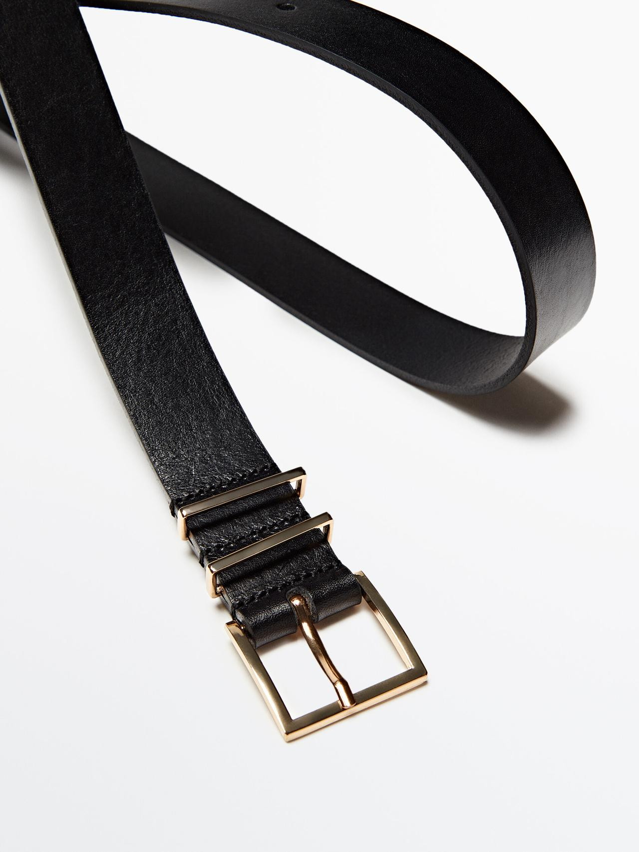 Leather belt with square buckle and double loop | Massimo Dutti US