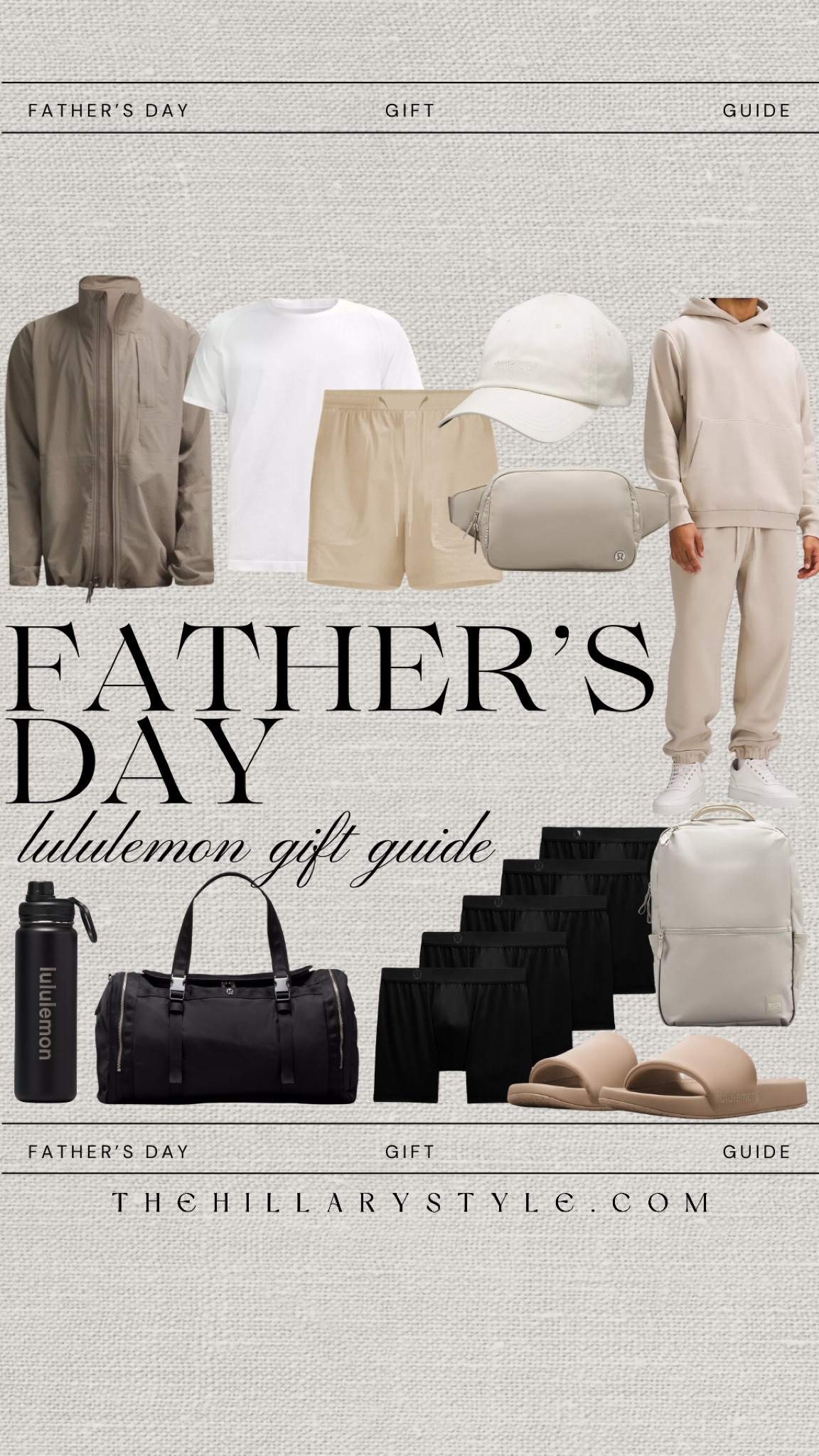 LULULEMON Father’s Day Gift Guide: travel backpack, weekender bag, boxers, slides, water bottle, windbreaker jacket, jogger set, T-shirt, jogger shorts.

#LTKMens #LTKGiftGuide #LTKSeasonal