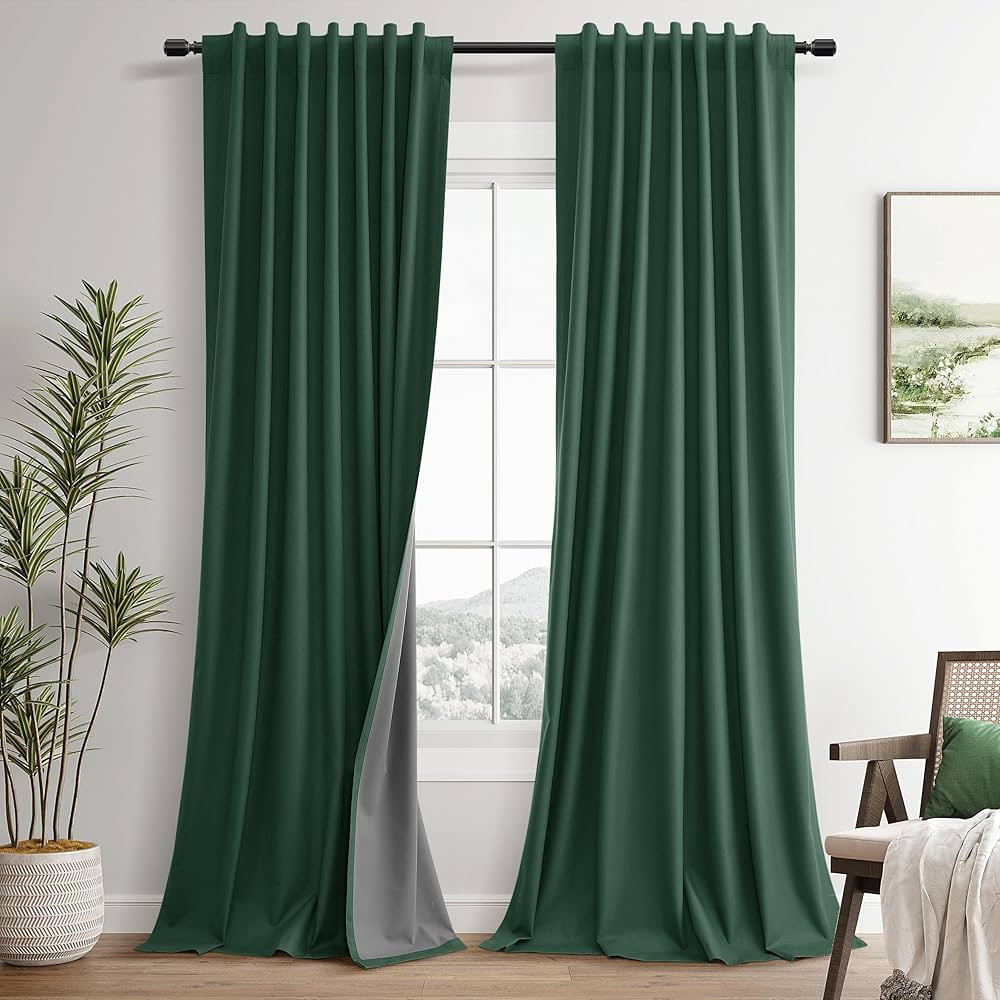 Green Linen Black Out Curtains for Bedroom 96 Inches Long 2 Panels Set Modern Textured Back Tab H... | Amazon (US)