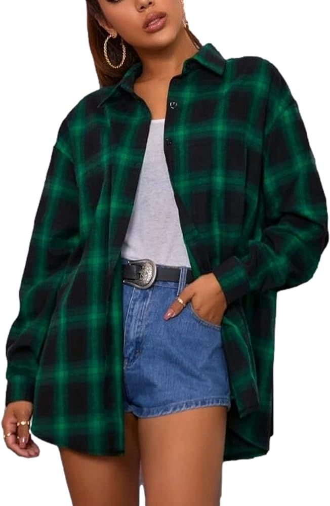 Zontroldy Plaid Flannel Shirts for Women Oversized Long Sleeve Button Down Buffalo Plaid Shirt Bl... | Amazon (US)