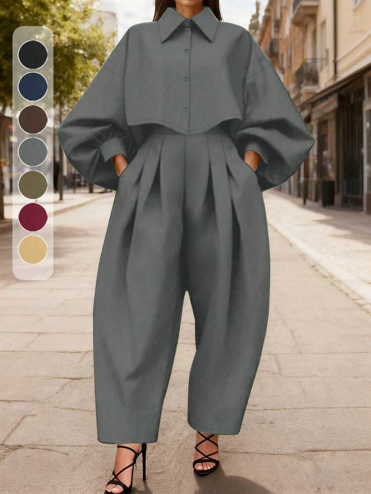 Plus Size Women 2-Piece Set For Autumn/Winter - Lantern Sleeve Solid Color Collared Button Design Blouse + Pocket Ruched Long Pants, Suitable For Commute, Business, Office, New Year | SHEIN