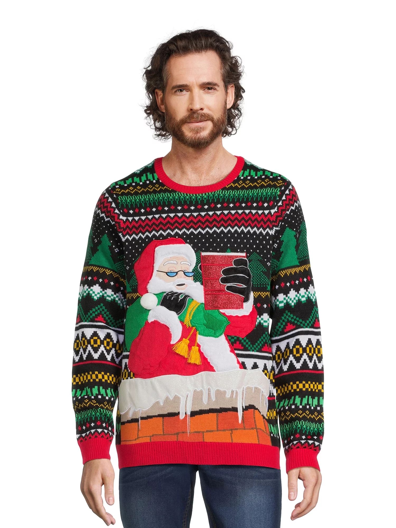 Holiday Time Men's Santa Ugly Christmas Sweater with Long Sleeves - Walmart.com | Walmart (US)