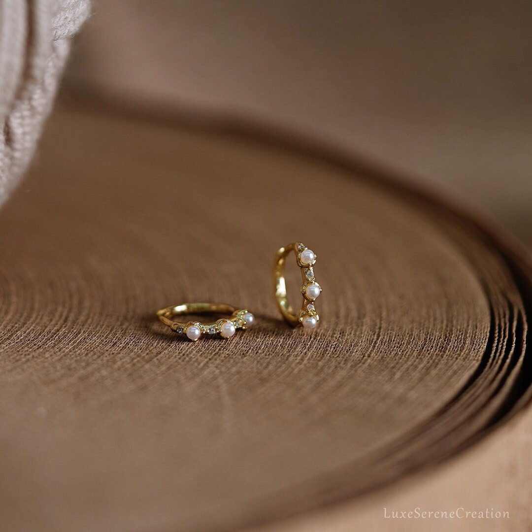 Minimalist Pearl Huggie Hoop Earrings, Sterling Silver Pearl Huggie Hoop Earrings, Dainty Hoop Ea... | Etsy (US)