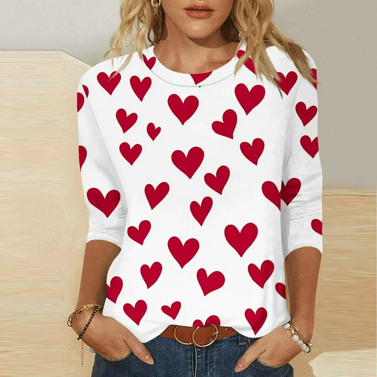 POTETI Valentines Womens Clothes Romance 3/4 Sleeve Tops Casual Crew Neck Sweethearts Print Gift ... | Walmart (US)
