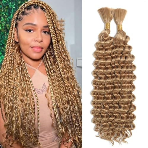 Blonde Deep Wave Bulk Human Hair for Braiding - 2 Bundles 100g Brazilian Virgin Curly for Boho Braids - Wet and Wavy Honey Blonde (#27, 22 Inch) | Amazon (US)