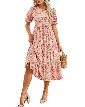 Naggoo Women's Summer Casual Boho Dress Floral Print Short Puff Sleeve Midi Beach Dresses | Amazon (US)
