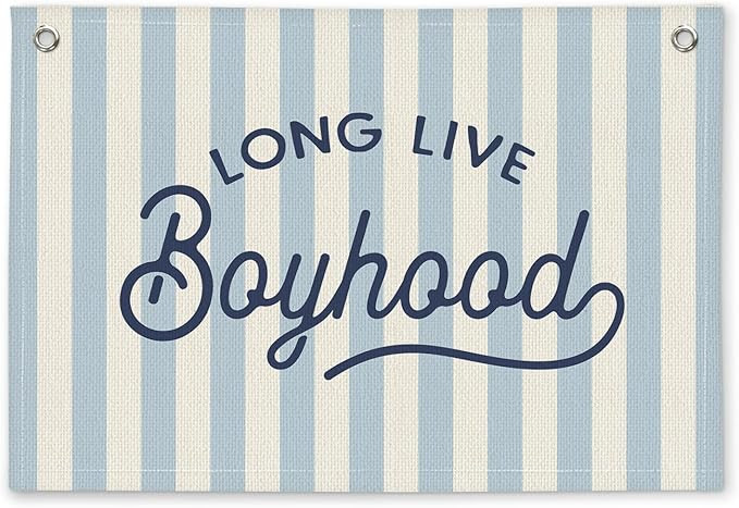 Long Live Boyhood Blue Striped Boys Room Decor - Linen Banner Wall Hanging Canvas Banner Flag Dec... | Amazon (US)