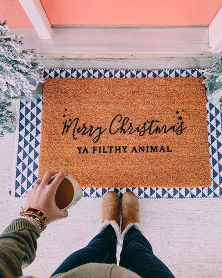 Christmas decor for the front porch! Love this door mat that says “merry Christmas ya filthy animal!” From the movie home alone.  Linking my elegant glam Christmas wreath too!! 

Funny door mats. Winter mat. Christmas doormat. Holiday decorations. Holiday decor. Home decor for front door. Entry way. 

#LTKSeasonal #LTKhome #LTKHoliday