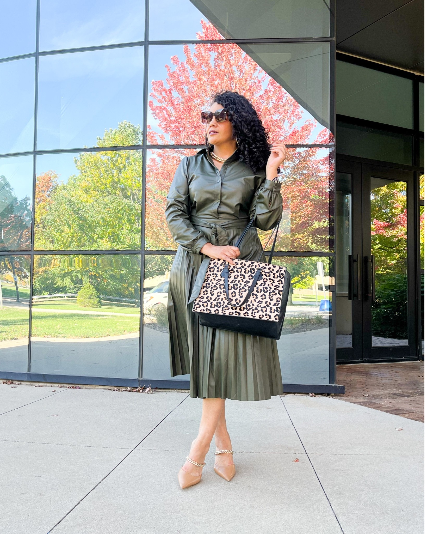 Olive green leather dress sale