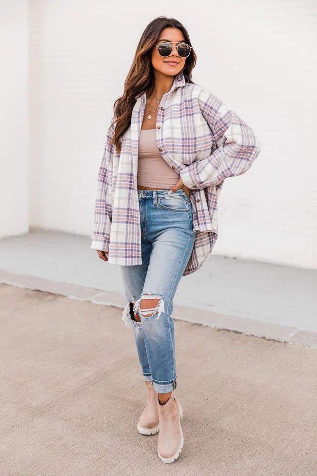 In Dreamland White/Purple Plaid Shacket | Pink Lily