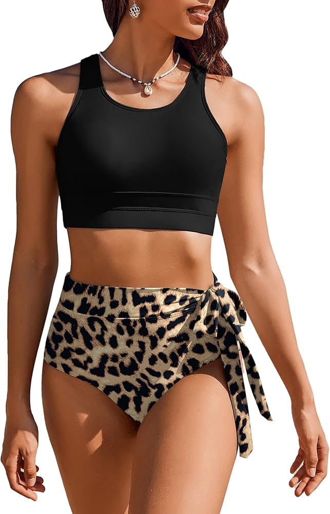 AI'MAGE Womens High Waisted Bikini Set Tummy Control 2 Piece Bathing Suit Modest Racerback Swimsu... | Amazon (US)