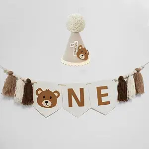 Bear ONE High Chair Banner with Cone Birthday Hat for Bear Themed Beary First Birthday Party Deco... | Amazon (US)