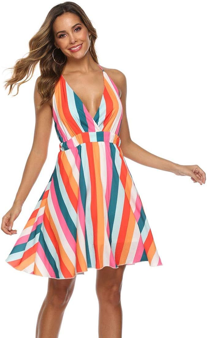Women Rainbow Striped Sundress with Criss Cross Spaghetti Straps Backless Chiffon Mini Dress for ... | Amazon (US)