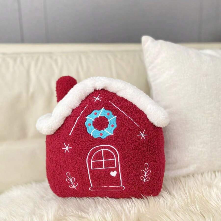 1pc Cute Fluffy Warm Red Christmas House Shaped Decorative Throw Pillow | SHEIN