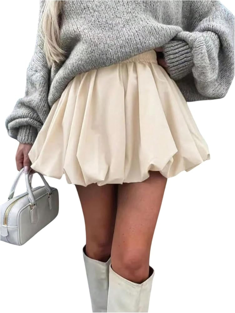 Floerns Women's Y2k Bubble Short Skirt Elastic Waist Pleated Hem Puffy Trendy Cute Going Out Mini... | Amazon (US)