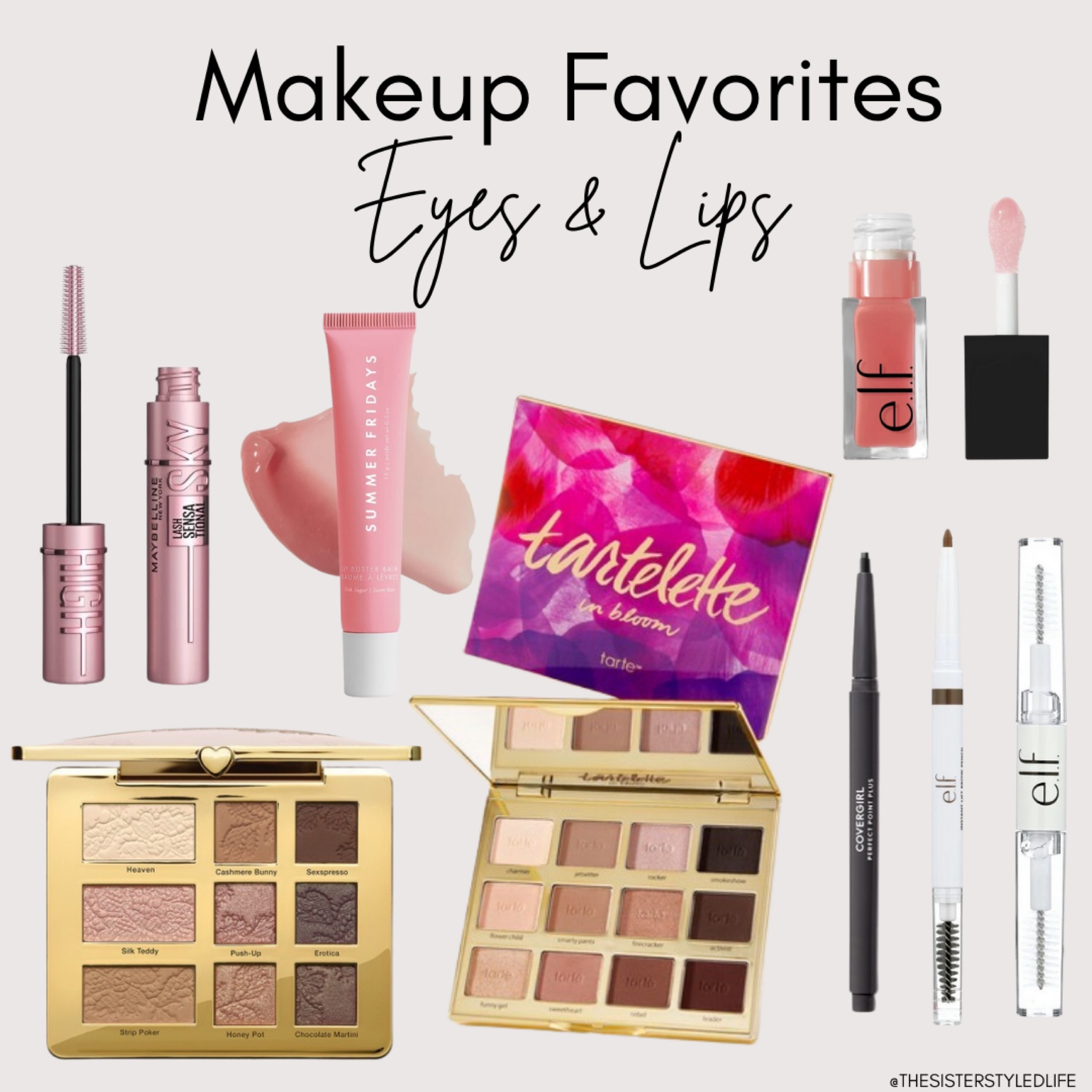 Makeup Favorites, eyes & lips! Tarte eyeshadow pallet, elf lip oil, maybelline sky hi mascara, summer Fridays lip gloss, cover girl eyeliner, brow pencil, brow gel
#summerfridays #eyeshadowpallet #nudeeyeshadow #lengtheningmascara #lipoil

#LTKOver40 #LTKBeauty #LTKFindsUnder50