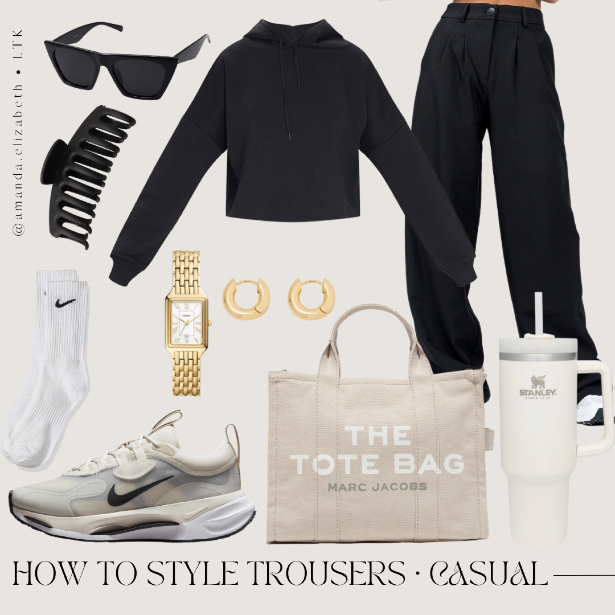 how to style trousers • casual 
trousers: princess polly 
cropped sweatshirt: pretty little thing 
sneakers: nike
bag: marc jacobs - the tote bag
water bottle: stanley 40oz tumbler 
socks: nike 
gold huggies hoop earring: gorjana 
gold watch: fossil 
black hair clip: pacsun 
sunglasses: amazon 
#competition 

#LTKFind #LTKshoecrush #LTKstyletip