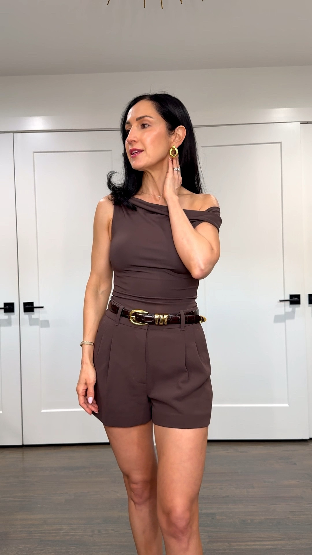 Birthday brunch ootd🤎 chic chocolate brown Aritzia tailored shorts and top. I size up to a 2 for a looser fit on the shorts and xs in top

#LTKootd #LTKOver40 #LTKPetite
