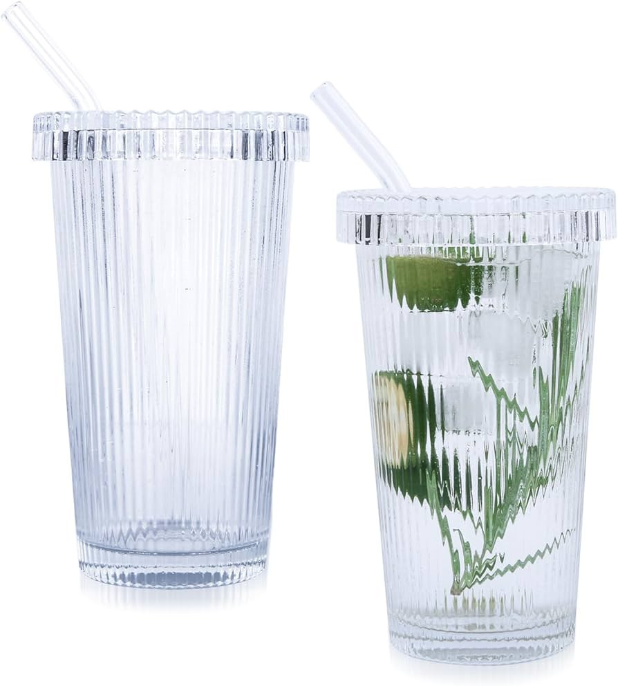 Iceten 2Pcs 375ML Ribbed Clear Glass Cups, Cold Coffee Cup with Lids and Straws Drinking Glasswar... | Amazon (UK)