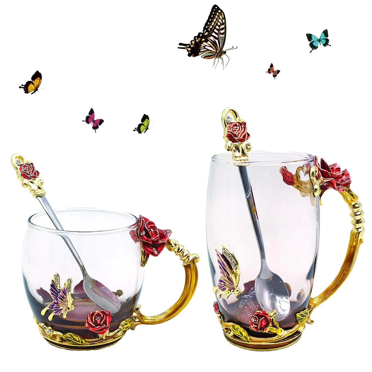 Reactionnx Tea Cup Glass Coffee Mugs Rose Flower Butterfly Drinking Cups with Spoon Set Unique Gi... | Walmart (US)