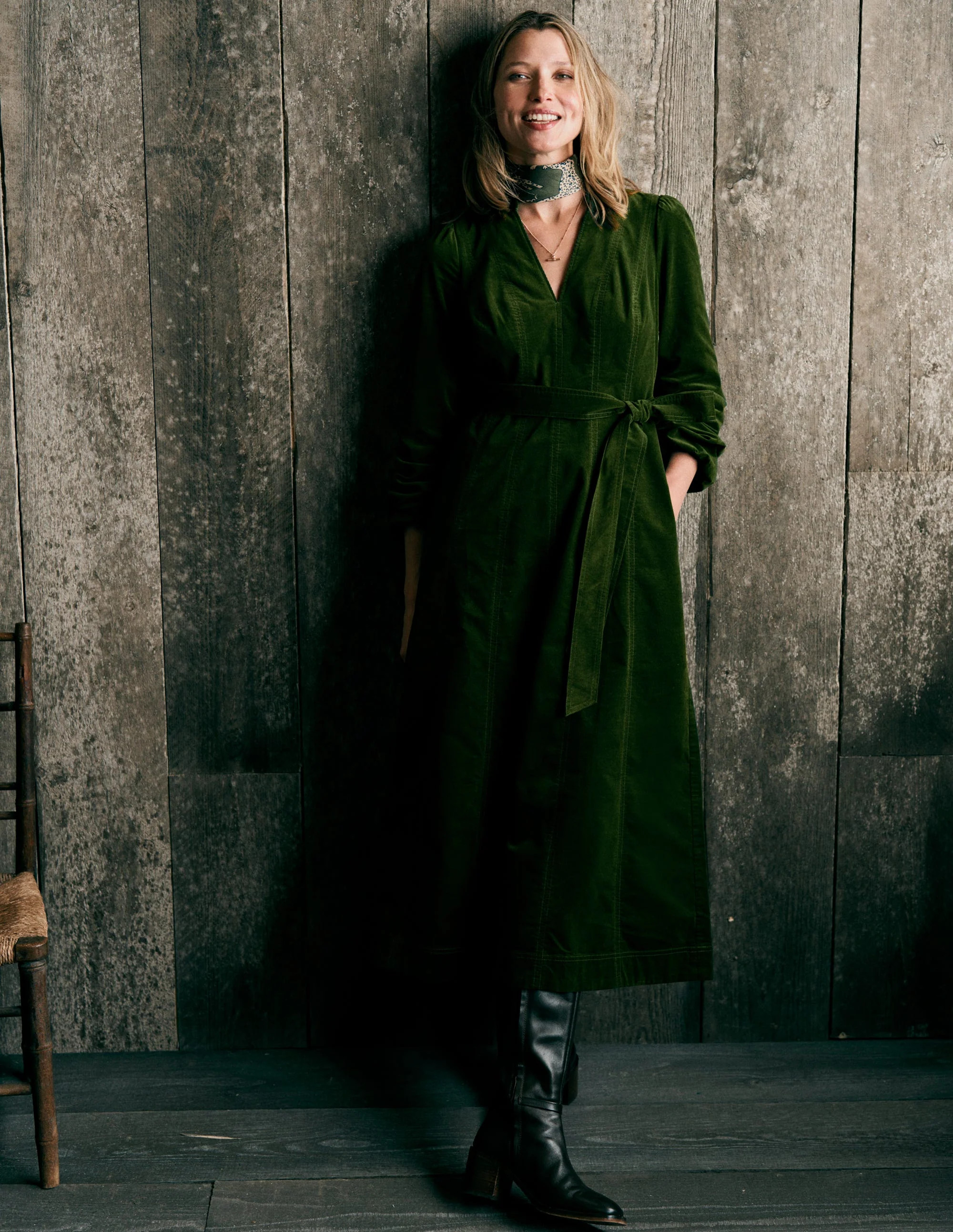 Ros Panelled Cord Midi Dress-Green Fir | Boden (US)