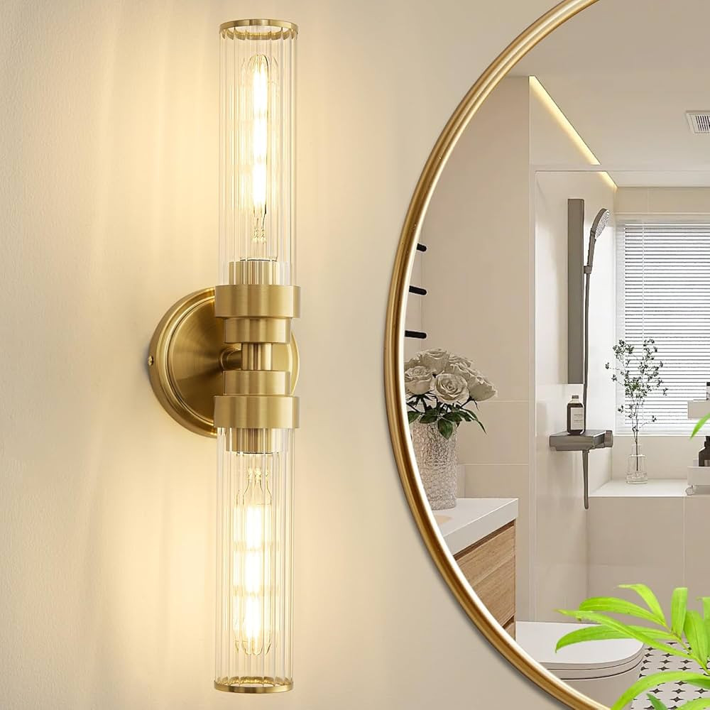 Bathroom Light Fixtures, Gold Wall Sconce in Threaded Glass Indoor Vanity Lights, Modern Bathroom... | Amazon (US)