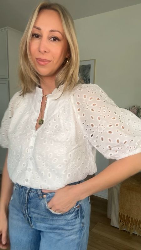 Eyelet top blouse for date night wide leg jeans 

#LTKOver40