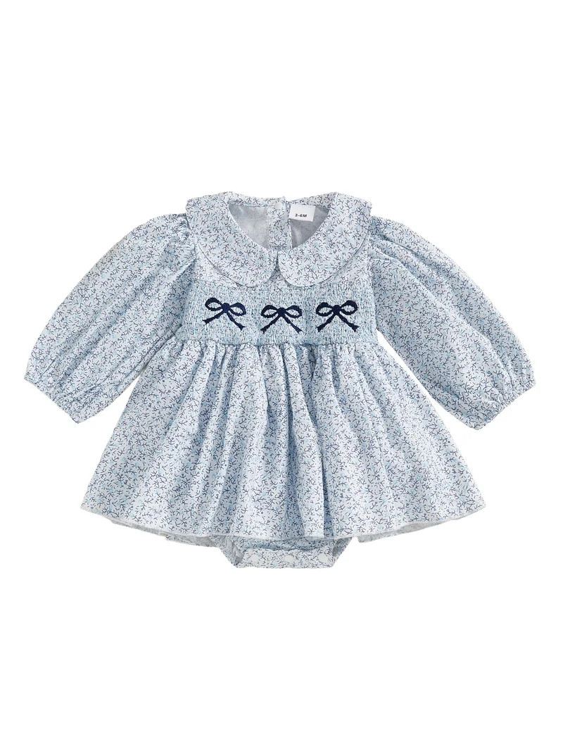 BemeyourBBs Baby Girl Floral Romper Dress Long Sleeve Smocked Bow Jumpsuits | Walmart (US)