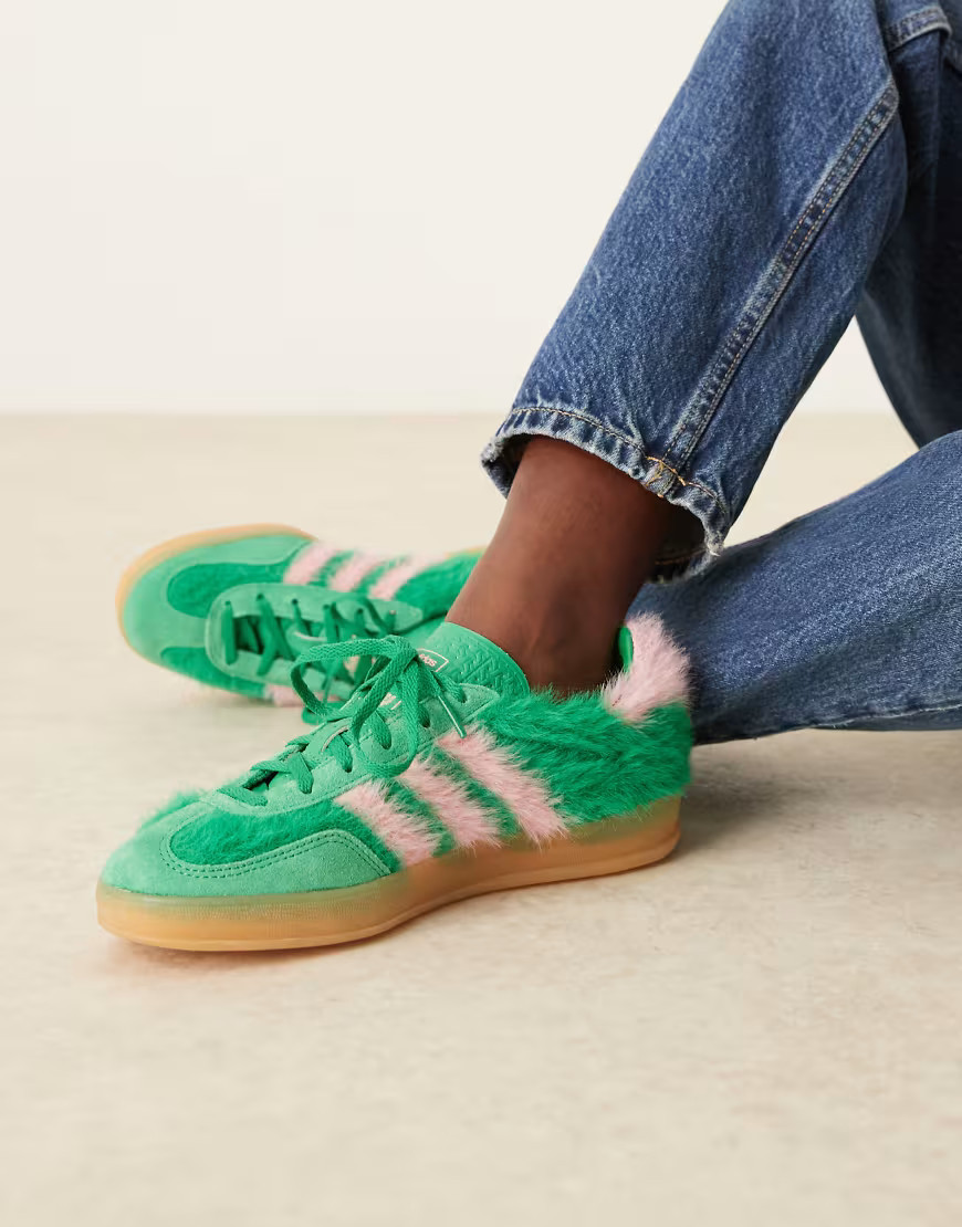 adidas Originals Gazelle Indoor trainers in green and pink fuzzy | ASOS (Global)