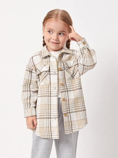 SHEIN Toddler Girls Plaid Print Flap Pocket Coat | SHEIN