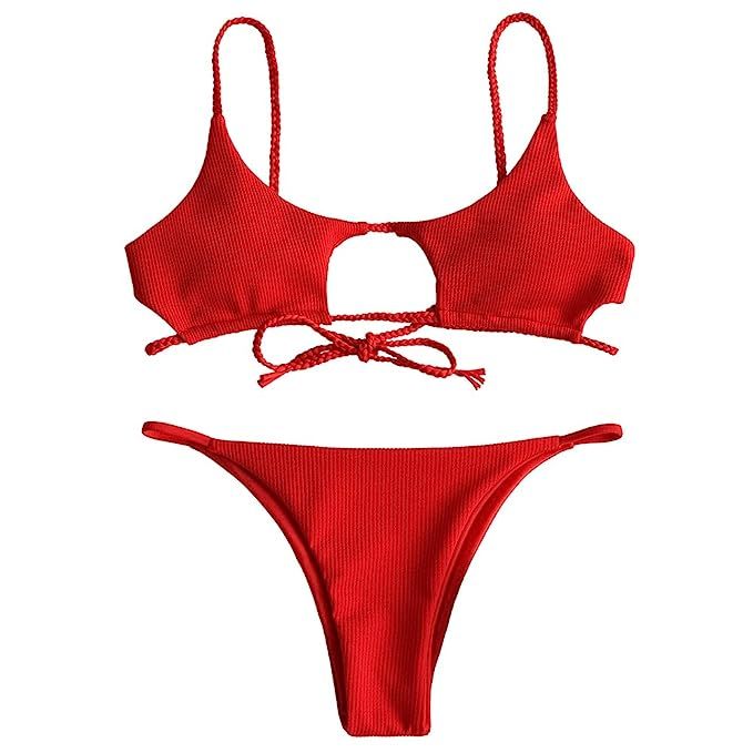 ZAFUL Womens Sexy Spaghetti Strap Hollow Out Braided Ribbed Cutout Bikini Sets | Amazon (US)