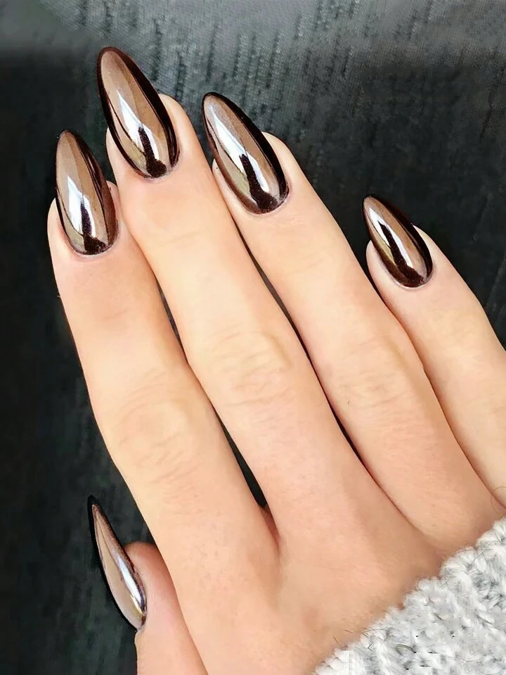 VV MEI JIA ER 24pcs Cool Punk Style Magic Brown Chrome Shiny Medium Almond Press On Nails Hologra... | SHEIN