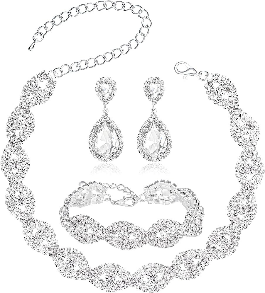 3/4 Pieces Women Jewelry Set Rhinestone Crystal Bride Statement Choker Necklace Tiara Crown Link ... | Amazon (US)