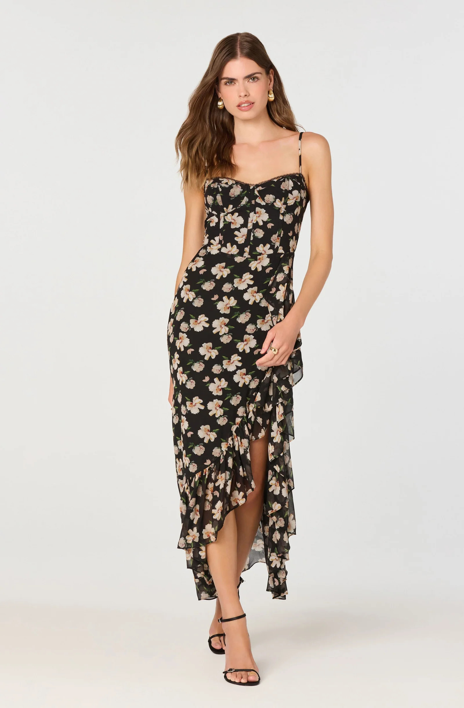 Brisbane Asymmetrical Floral Midi Dress - Black pink floral / XS | ASTR The Label (US)