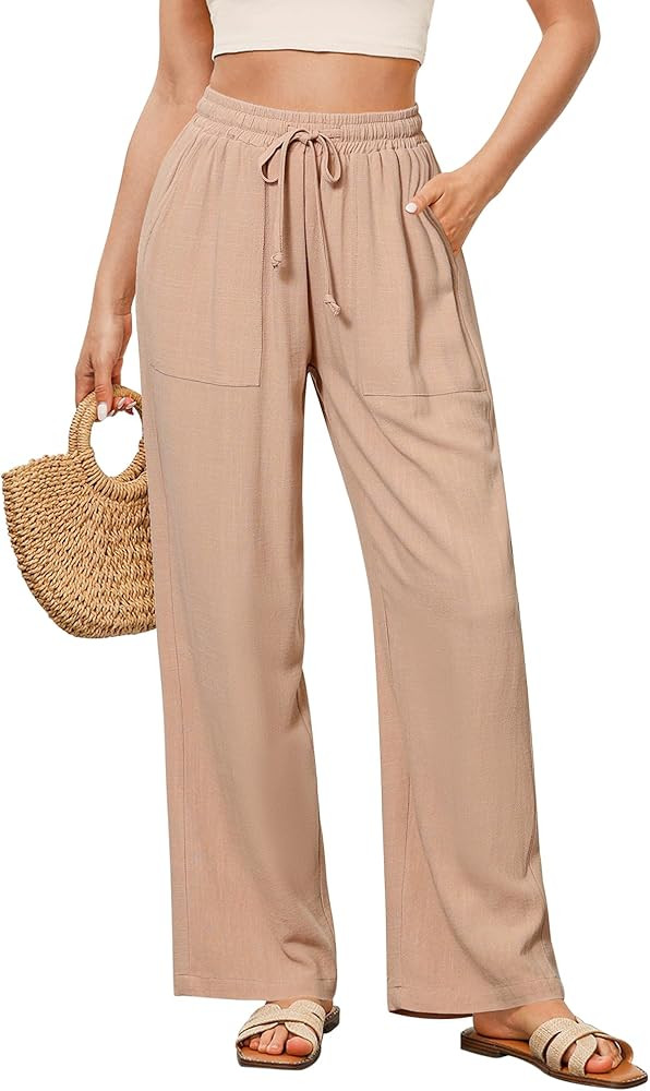 GRAPENT Linen Pants for Women Wide Leg High Waisted Baggy Drawstring Elastic Waist Palazzo Trouse... | Amazon (US)