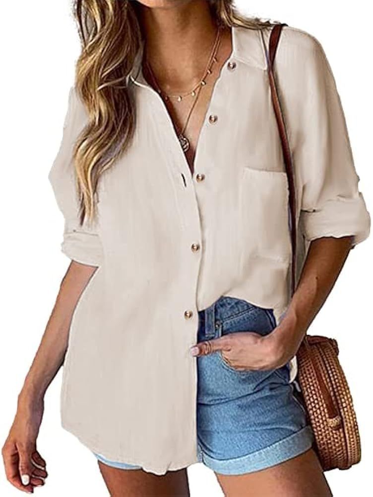 Hotouch Womens Cotton Button Down Shirt Casual Long Sleeve Loose Fit Collared Linen Work Blouse Tops | Amazon (US)