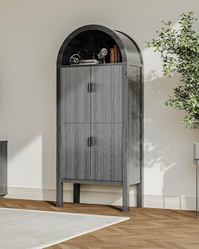 71" Tall Arched Fluted Storage Cabinet, Modern Arched Pantry Cabinet with 4 Tier Shelves Cupboard, Open Display Storage, Sideboard, Accent for Living Room (Advanced Black Wood Grain) | Amazon (US)