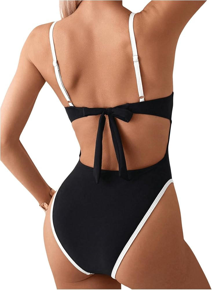 SweatyRocks Women's Tie Backless One Piece Swimsuit Cut Out Bathing Suit Swimwear | Amazon (US)