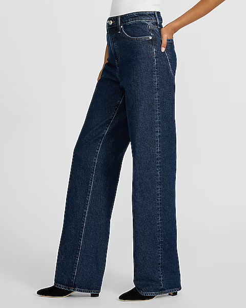 High Waisted Dark Wash Relaxed Straight Jeans | Express