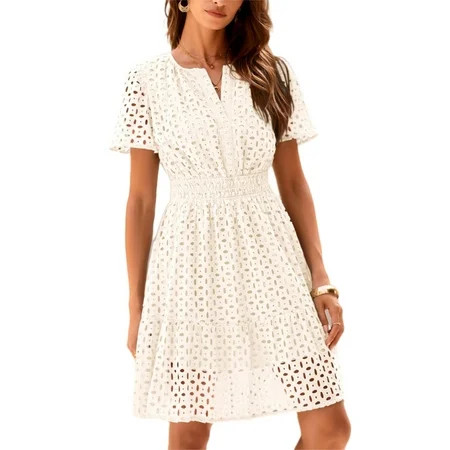 PRETTYGARDEN Womens Summer Short Dress V Neck Short Sleeve A Line Wear To Work Hollow Out Lace Ruffle Cute Casual Beach Party Dresses | Walmart (US)