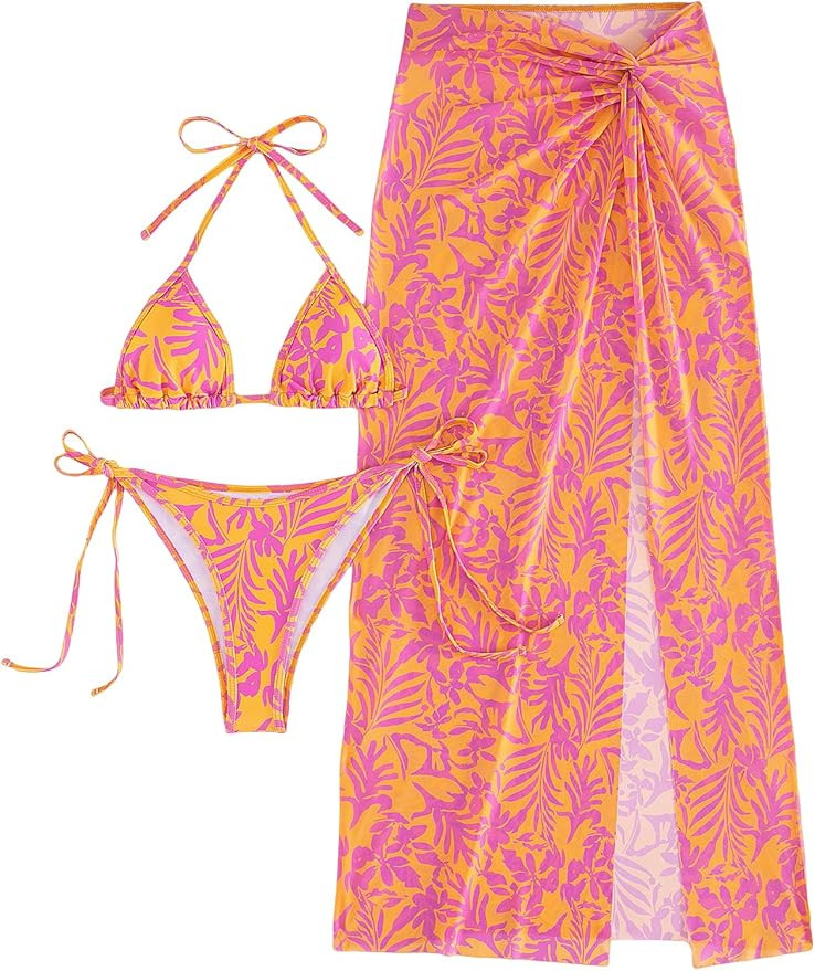 OYOANGLE Women's 3 Piece Bikini Sets Tie Side Triangle Halter Swimsuit with Long Cover Up Skirts | Amazon (US)