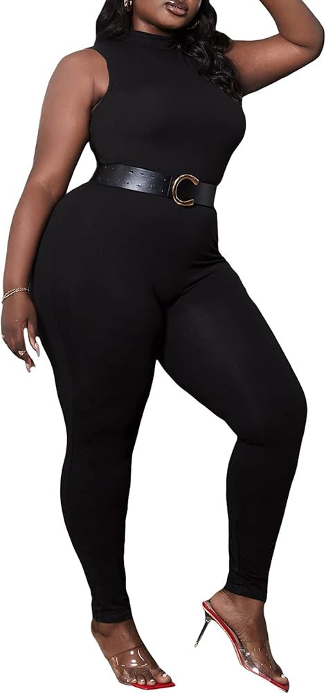 WDIRARA Women's Plus Size Mock Neck Sleeveless Club Skinny Jumpsuit Unitard Pants | Amazon (US)