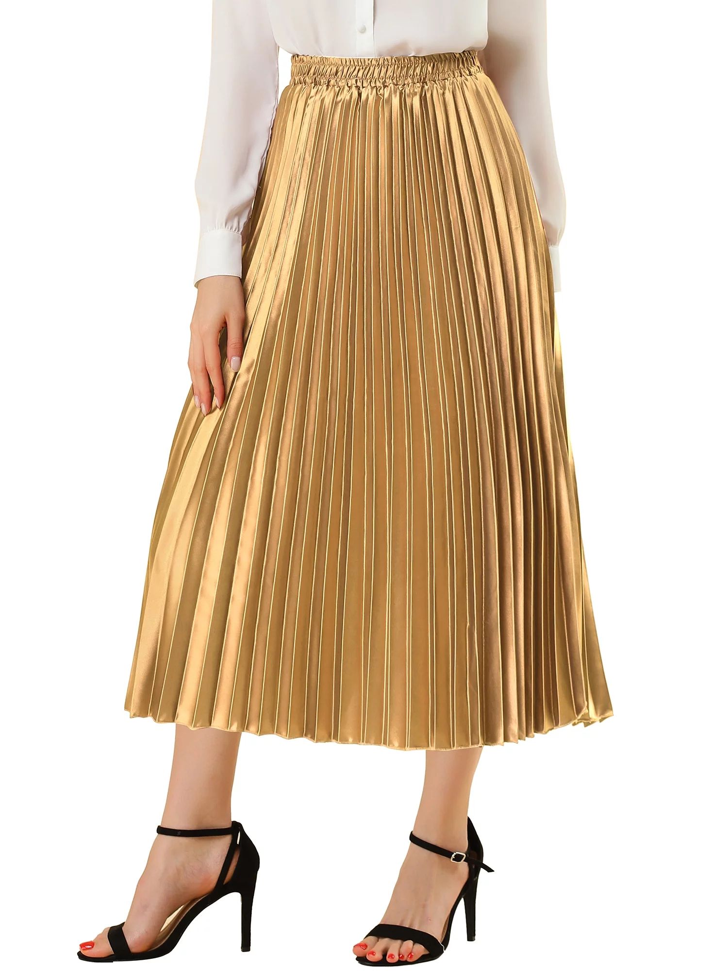Allegra K Women's Elastic Waist Metallic Shiny Accordion Pleated Midi Skirt | Walmart (US)