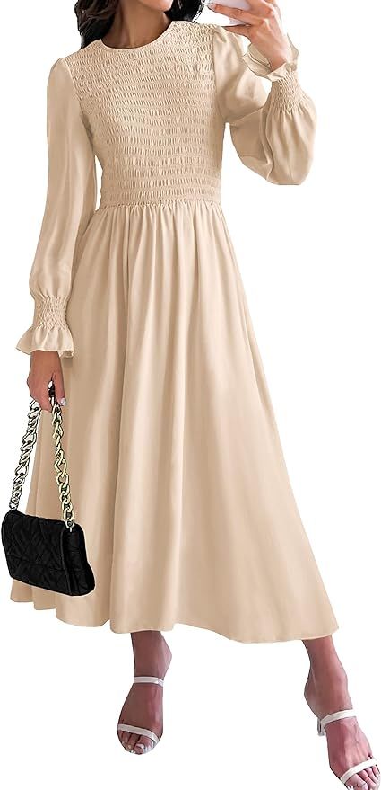 dowerme Women Casual Petal Long Sleeve Crewneck Smocked A-Line Flowy Solid Maxi Dress Fall Winter... | Amazon (US)