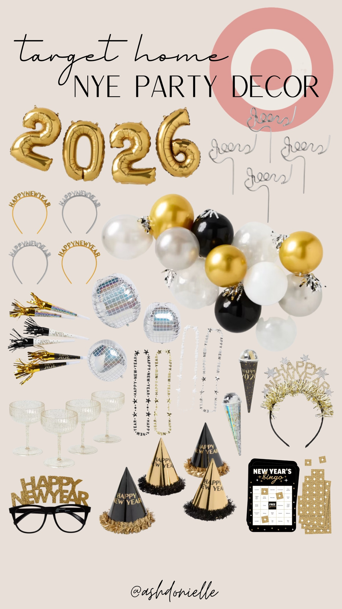 Target New Year’s Eve decor

New Year’s Eve balloon arch
black and gold table decor
disco ball party accents
champagne tower setup
metallic fringe backdrops
LED marquee numbers
confetti table scatter
party hat place settings
glitter candle holders

#LTKHome #LTKHoliday #LTKSeasonal